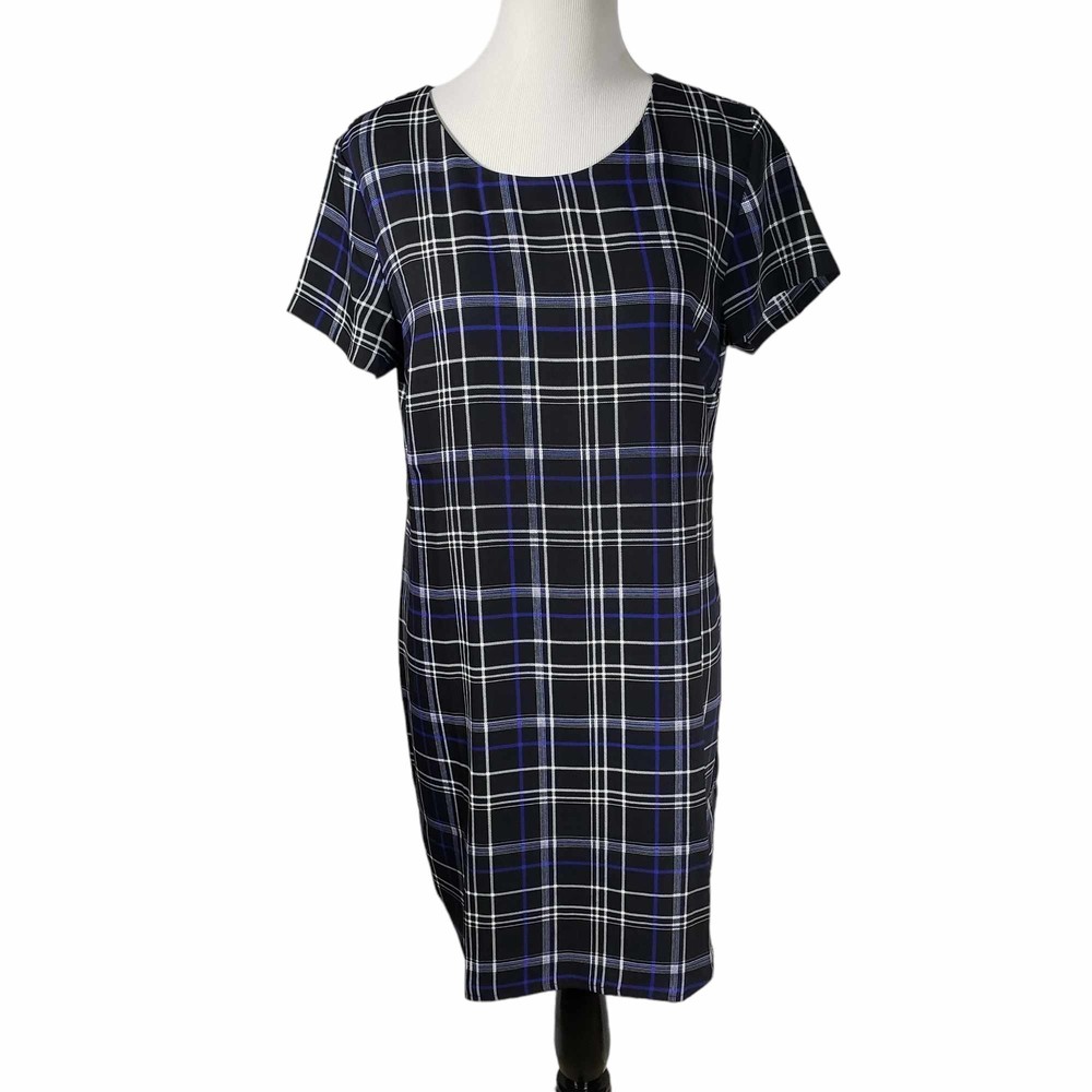 Cynthia Rowley Size 10 Black Blue White Plaid Short Sleeve Lightweight Dress
